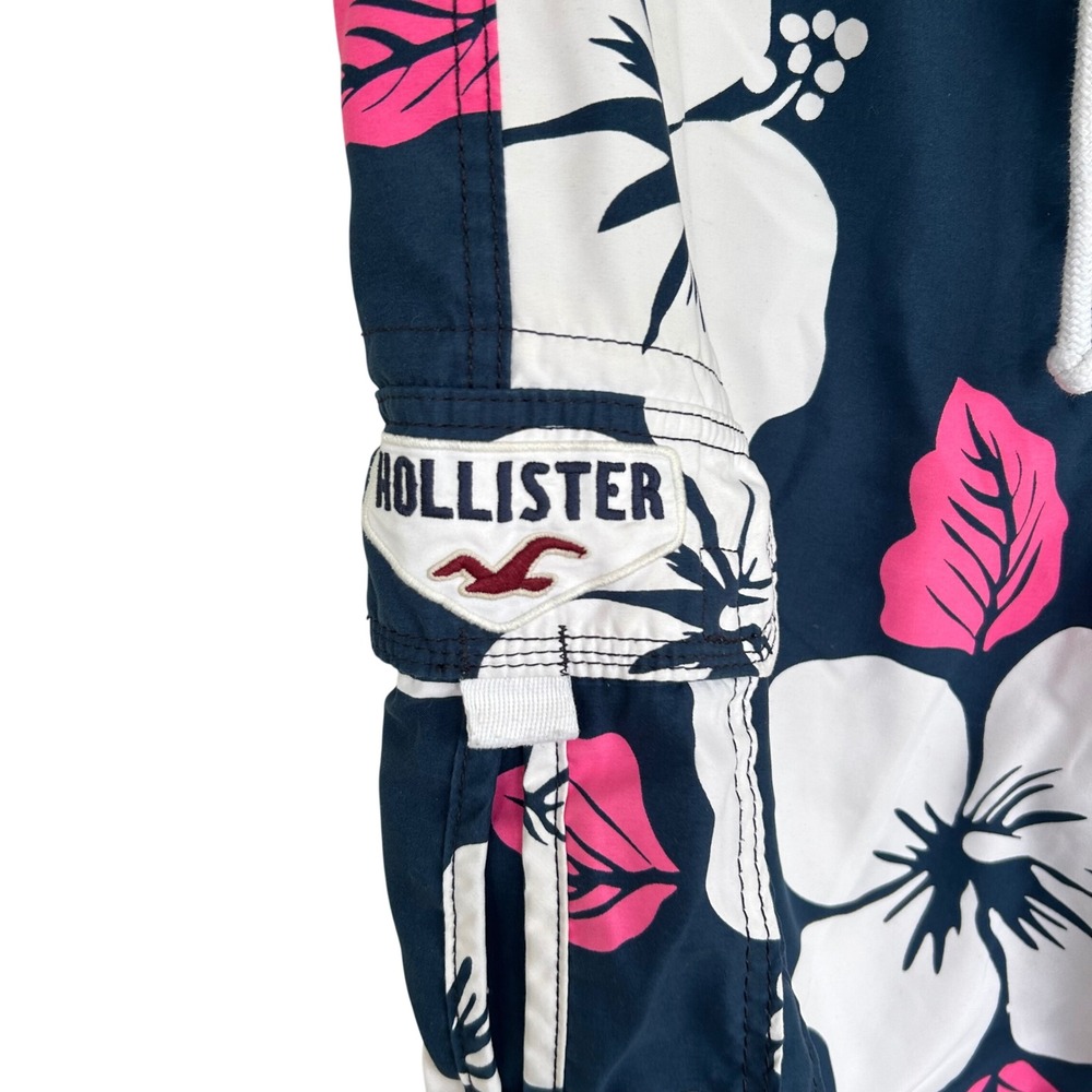 2000s Y2K Hollister Board Shorts Mens L Navy Hibiscus Floral Cargo Swim Trunks - Picture 7 of 8